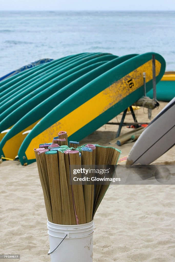 Surfboards on the beach, Waikiki Beach, Honolulu, Oahu, Hawaii Islands, USA