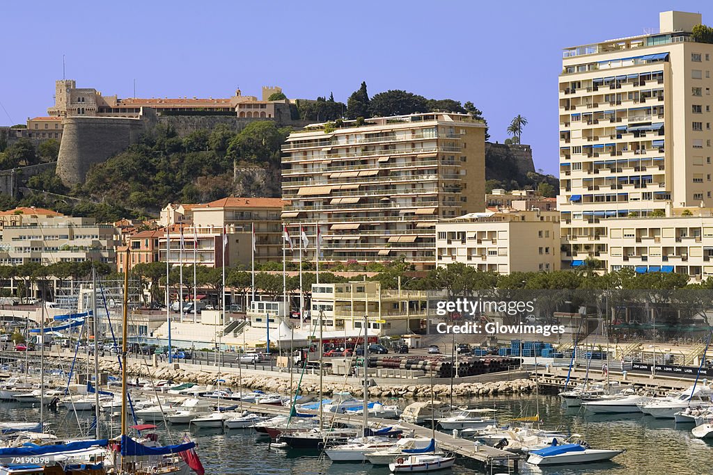 Boats docked at a harbor, Port of Fontvieille, Monte Carlo, Monaco