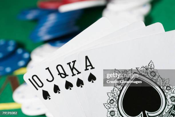 close-up of the poker of spades - royal flush stock-fotos und bilder