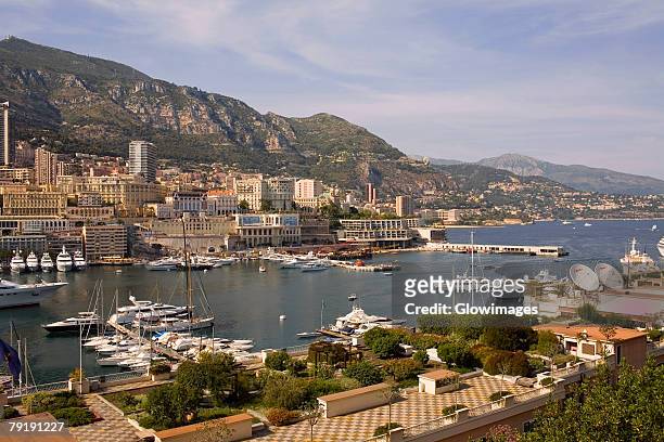 high angle view of boats docked at a harbor, port of fontvieille, monte carlo, monaco - harbour of fontvieille stock pictures, royalty-free photos & images