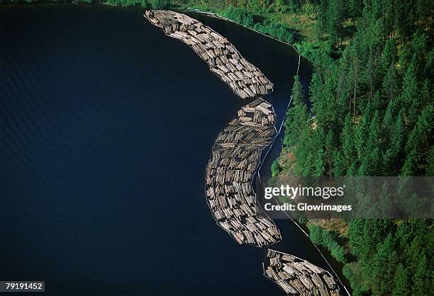 log rafts flowing to a sawmill, idaho - forestry industry stock pictures, royalty-free photos & images