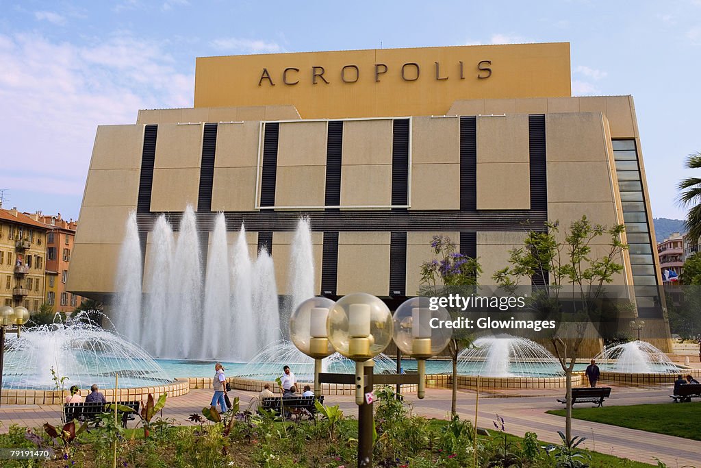 Fountains in front of a building, Acropolis Conference Center, Nice, France