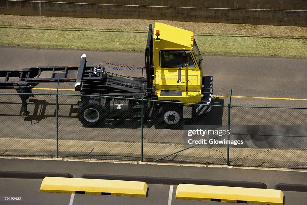 High angle view of a semi-truck at a commercial dock