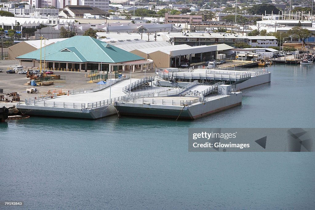 High angle view of cargo containers at a commercial dock