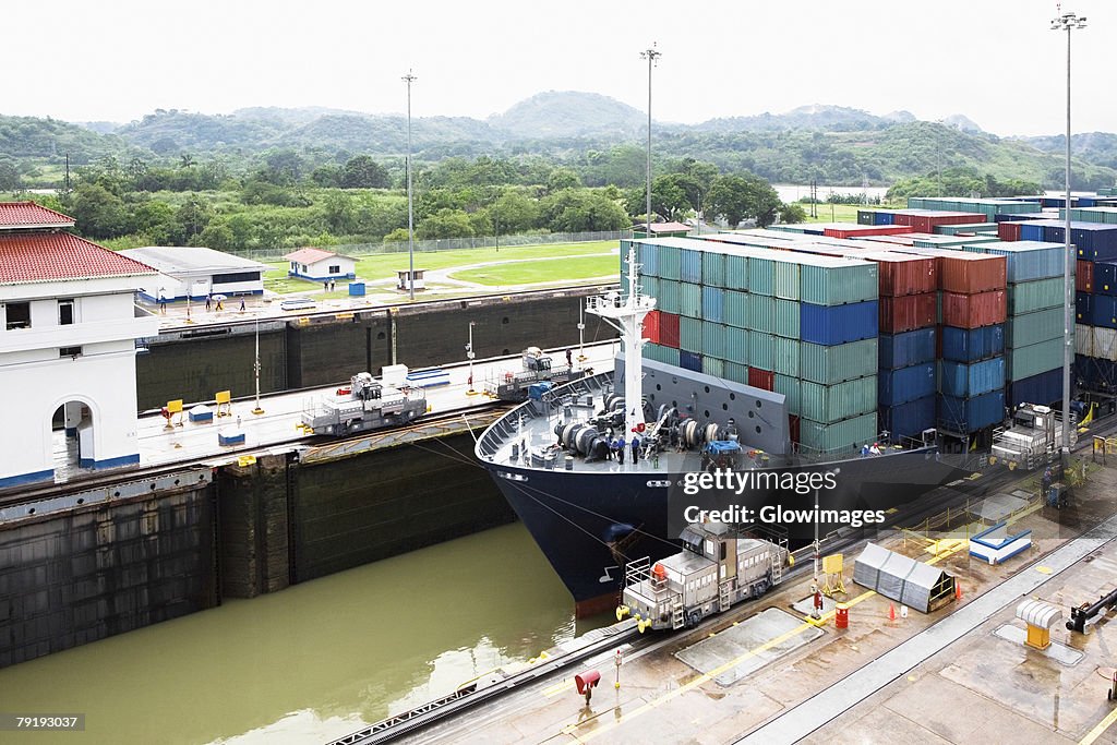 Cargo containers in a container ship at a commercial dock, Panama Canal, Panama