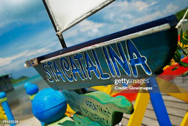 close-up of a signboard, providencia y santa catalina, san andres y providencia department, colombia - providencia colombia stock pictures, royalty-free photos & images