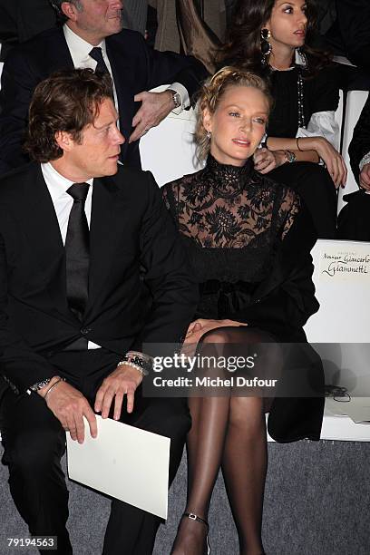 Arpad Busson and Uma Thurman attend the Valentino Fashion show, during Paris Fashion Week Spring-Summer 2008 on January 23, 2008 at Musee Rodin in...