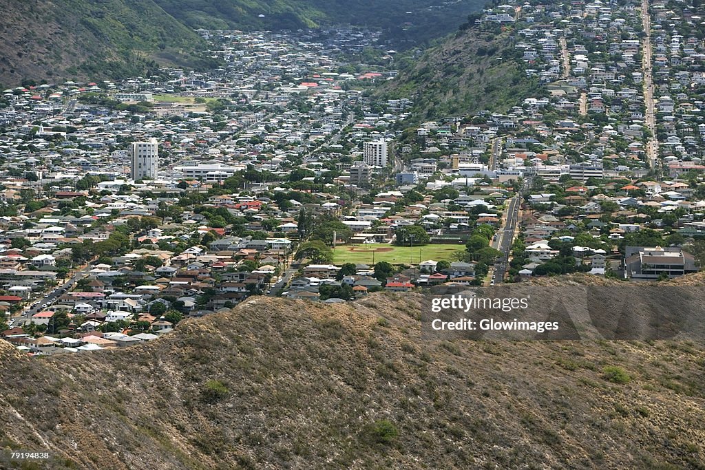 Aerial view of a cityscape, Diamond Head, Waikiki Beach, Honolulu, Oahu, Hawaii Islands, USA