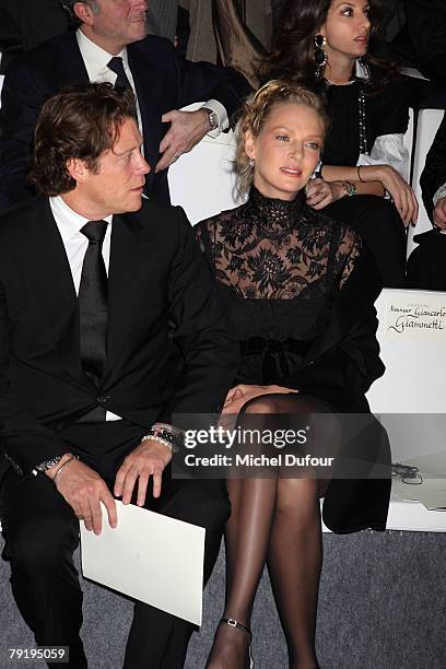 Arpad Busson and Uma Thurman attend the Valentino Fashion show, during Paris Fashion Week Spring-Summer 2008 on January 23, 2008 at Musee Rodin in...