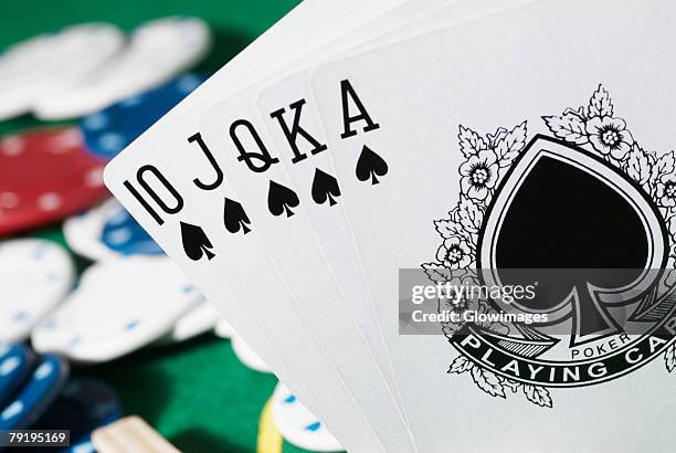 close-up of the poker of spades - royal flush stock-fotos und bilder