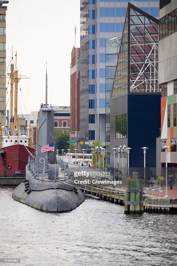 Submarine at a harbor, National Aquarium, Inner Harbor, Baltimore, Maryland, USA