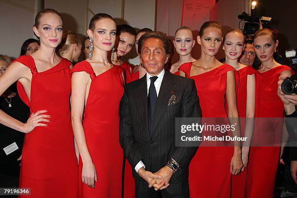 Valentino and Natalia Vodianova walk with models on the catwalk for final at the Valentino Fashion show, during Paris Fashion Week Spring-Summer 2008...
