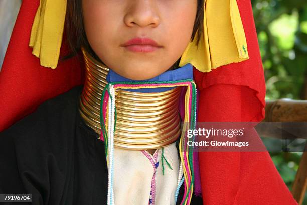 close-up of a girl with a neckring, chiang mai, thailand - padaung stockfoto's en -beelden