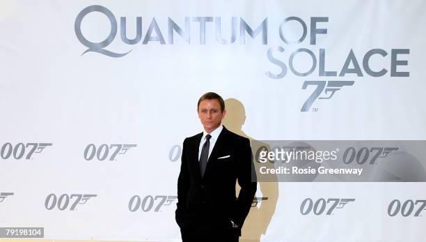 Actor Daniel Craig attends a photocall to celebrate the start of production of the 22nd James Bond film 'Quantum of Solace' at Pinewood Studios on...
