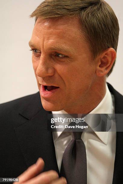 Actor Daniel Craig attends a photocall to celebrate the start of production of the 22nd James Bond film 'Quantum of Solace' at Pinewood Studios on...