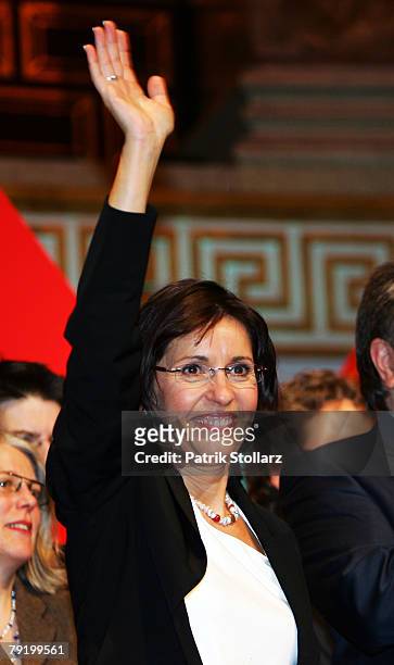 Social democrate Andrea Ypsilanti celebrates during the final election rally on January 24, 2008 in Wiesbaden, Germany. Ypsilanti is the top...