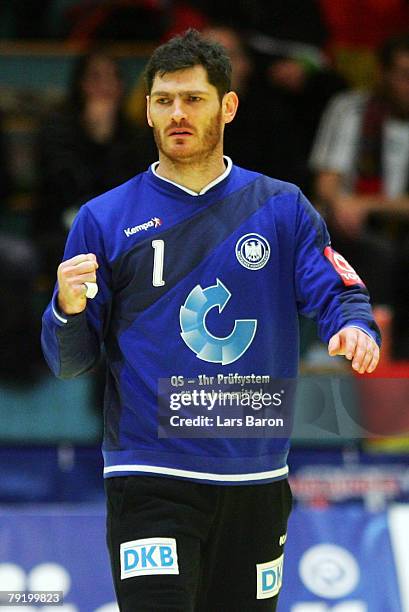 Goalkeeper Henning Fritz of Germany celebrates after a save during the Men's Handball European Championship main round Group II match between Germany...