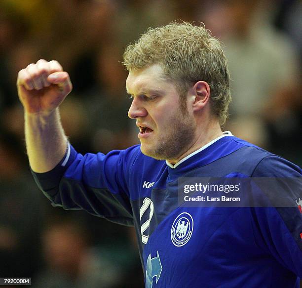 Goalkeeper Johannes Bitter of Germany celebrates after a save during the Men's Handball European Championship main round Group II match between...