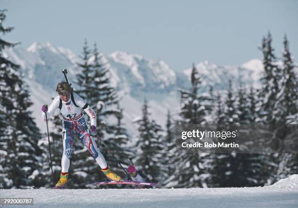 Anne Briand of France skiing in the Women's 15 kilometre Individual Biathlon competition on 19 February 1992 during the XVI Olympic Winter Games at...