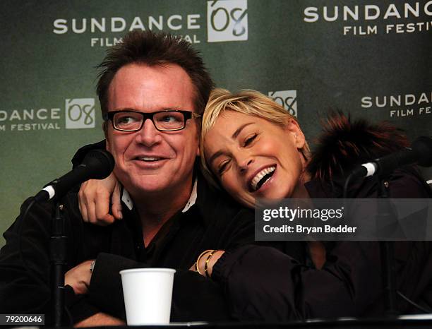 Actors Tom Arnold and Sharon Stone speak during the press conference for "The Year of Getting to Know Us" held at the Yarrow Hotel Theatre during the...