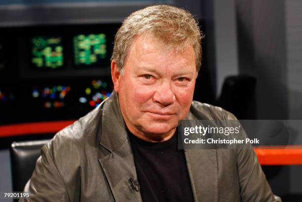 Actor William Shatner sits in the Enterprise captain's chair at the Star Trek "The Tour" - North American Debut held at the Queen Mary Dome on...