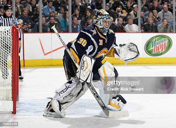 Goaltender Ryan Miller of the Buffalo Sabres defends his net against the Atlanta Thrashers during their NHL game on January 18, 2008 at HSBC Arena in...