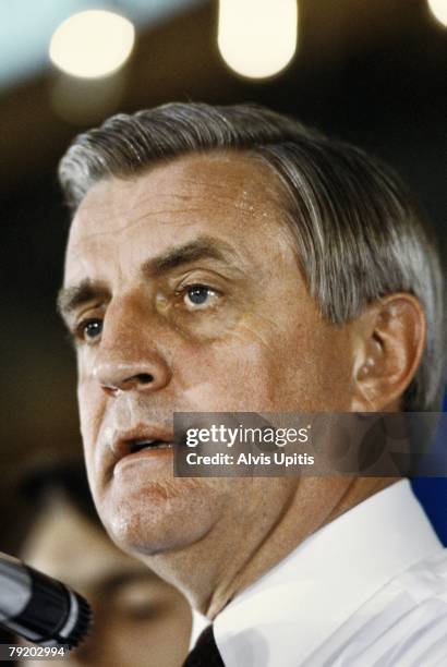 Presidential candidate Walter Mondale addresses followers at St. Paul Radisson Hotel announcing he has enough delegates to clinch the Democratic...