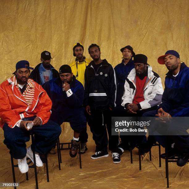 American rap group Wu-Tang Clan Ghostface Killah, Masta Killa, Raekwon, RZA, Ol' Dirty Bastard GZA, U-God and Method Man pose for a April 1997...