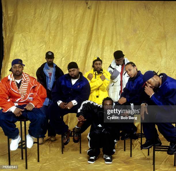 American rap group Wu-Tang Clan Ghostface Killah, Masta Killa, Raekwon, RZA, Ol' Dirty Bastard GZA, U-God and Method Man pose for a April 1997...