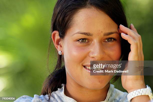 Ana Ivanovic of Serbia attends a media interview offcourt on day twelve of the Australian Open 2008 at Melbourne Park on January 25, 2008 in...