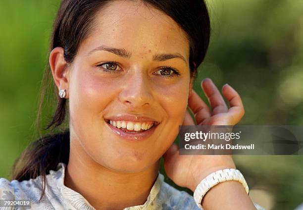 Ana Ivanovic of Serbia attends a media interview offcourt on day twelve of the Australian Open 2008 at Melbourne Park on January 25, 2008 in...
