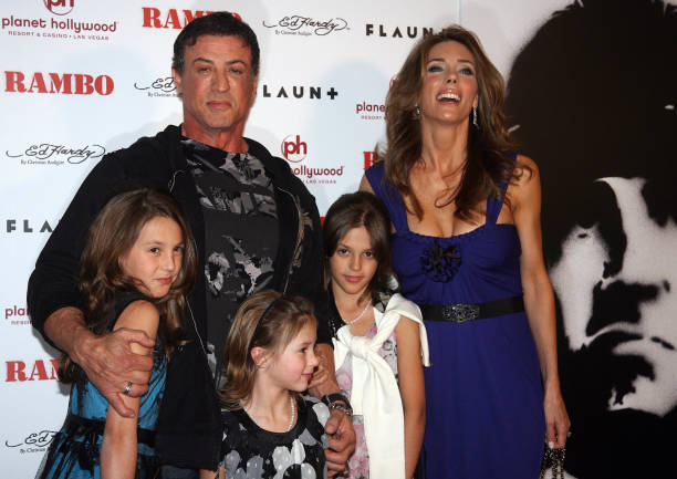 Actor and Director Sylvester stallone arrives with his wife Jennifer Flavin and their daughters for the World premiere of "Rambo" at the Planet...