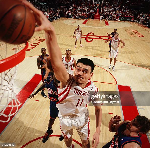 Yao Ming of the Houston Rockets dunks against the New York Knicks during the game at the Toyota Center on January 5, 2008 in Houston, Texas. The...
