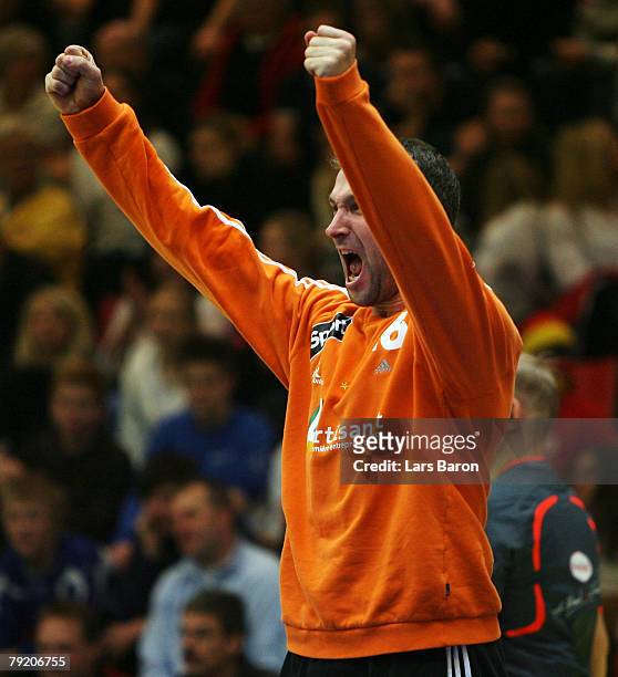 Thierry Omeyer of France celebrates after a save during the Men's Handball European Championship main round Group II match between Germany and France...