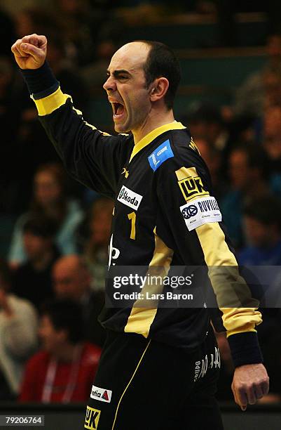 Goalkeeper Jose Hombrados of Spain celebrates after a save during the Men's Handball European Championship main round Group II match between Spain...