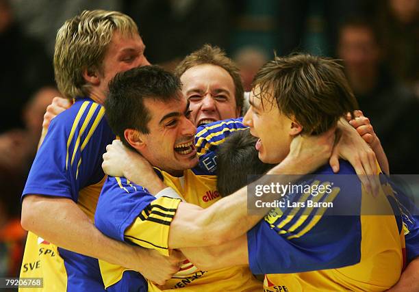 Jonas Kaellmann of Sweden celebrates with team mates after scoring the winning goal during the Men's Handball European Championship main round Group...