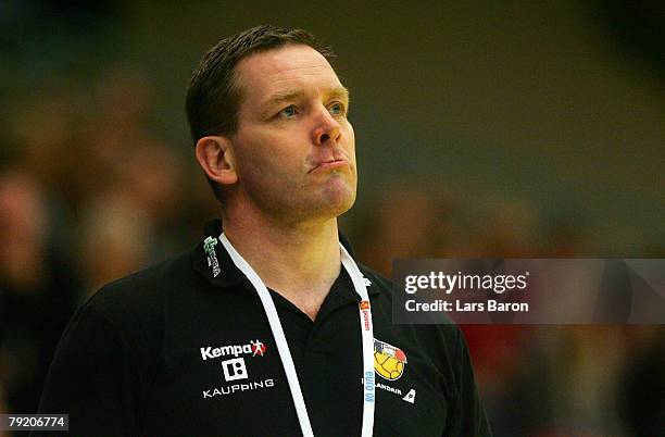 Coach Alfred Gislason of Iceland looks on during the Men's Handball European Championship main round Group II match between Spain and Iceland at...