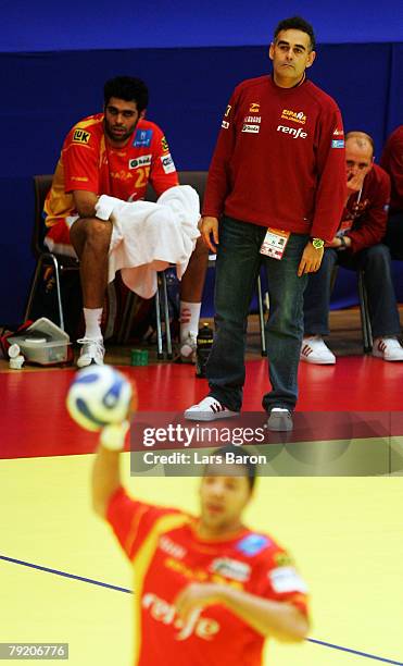 Coach Juan Carlos Pastor of Spain looks on during the Men's Handball European Championship main round Group II match between Spain and Iceland at...