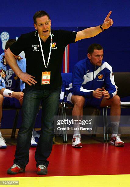 Coach Alfred Gislason of Iceland gestures during the Men's Handball European Championship main round Group II match between Spain and Iceland at...