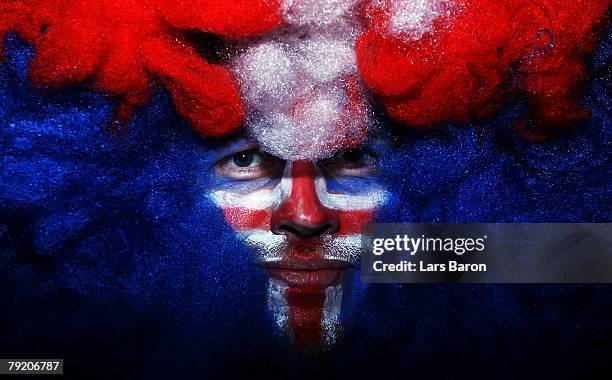 Fan of Iceland is seen prior to the Men's Handball European Championship main round Group II match between Spain and Iceland at Trondheim Spektrum on...