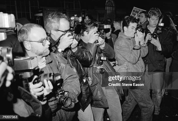 Press photographers at a demonstration against the Poll Tax, Brixton, London, 29th March 1990.