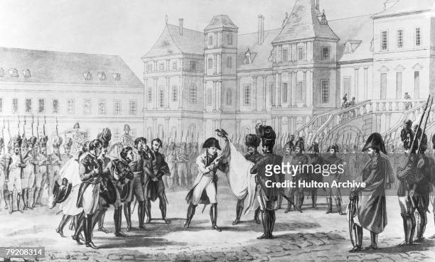French Emperor Napoleon I bids farewell to his army at Fontainebleau, before his exile to Elba, 20th April 1814.