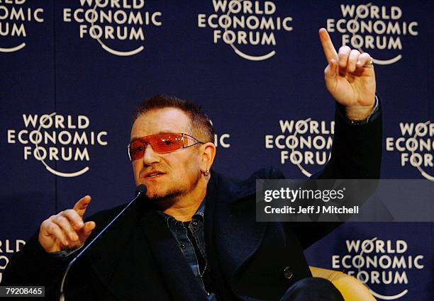 Bono of the rock band U2 attends a press conference during the third day of the World Economic Forum on January 25, 2008 in Davos, Switzerland. Some...