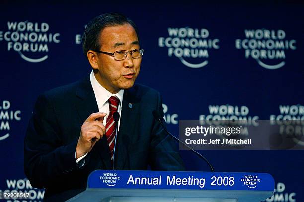 United Nations Secretary General Ban Ki-Moon speaks at a press conference during the third day of the World Economic Forum on January 25, 2008 in...