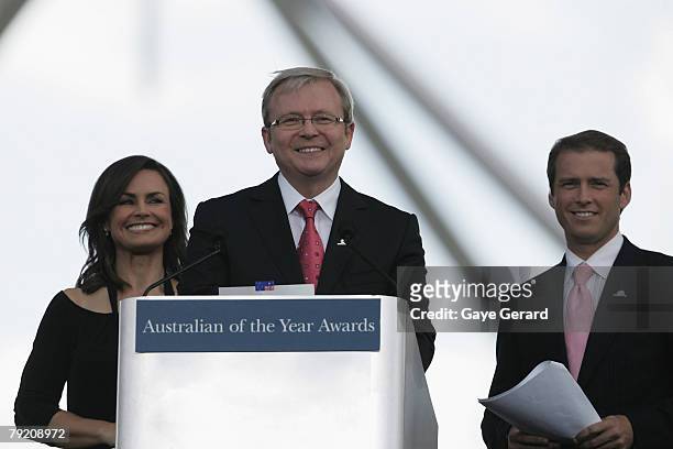 Host Lisa Wilkinson, Prime Minister Kevin Rudd and TV Host Karl Stefanovic speak during the 2007 Australian Of The Year Awards on the Lawns of...