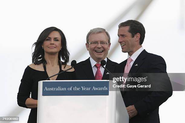 Host Lisa Wilkinson, Prime Minister Kevin Rudd and TV Host Karl Stefanovic, speak during the 2007 Australian Of The Year Awards on the Lawns of...