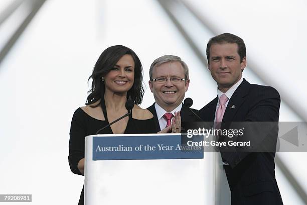 Host Lisa Wilkinson, Prime Minister Kevin Rudd and TV Host Karl Stefanovic, during the 2007 Australian Of The Year Awards on the Lawns of Parliament...