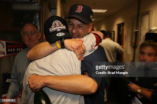 The Boston Red Sox manager, Terry Francona celebrates winning World Series Championship after Game Four of the World Series against the Colorado...