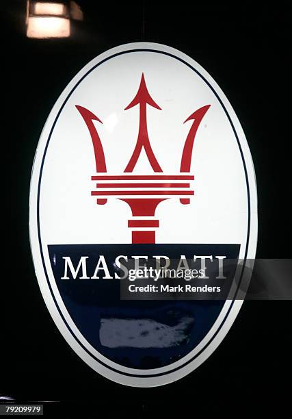 The Maserati corporate logo is seen at the International Car Show at Heysel, on January 22, 2008 in Brussels, Belgium.