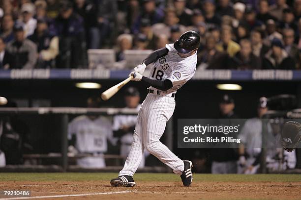 Cory Sullivan of the Colorado Rockies bats during Game Four of the 2007 World Series against the Boston Red Sox on October 28, 2007 at Coors Field in...